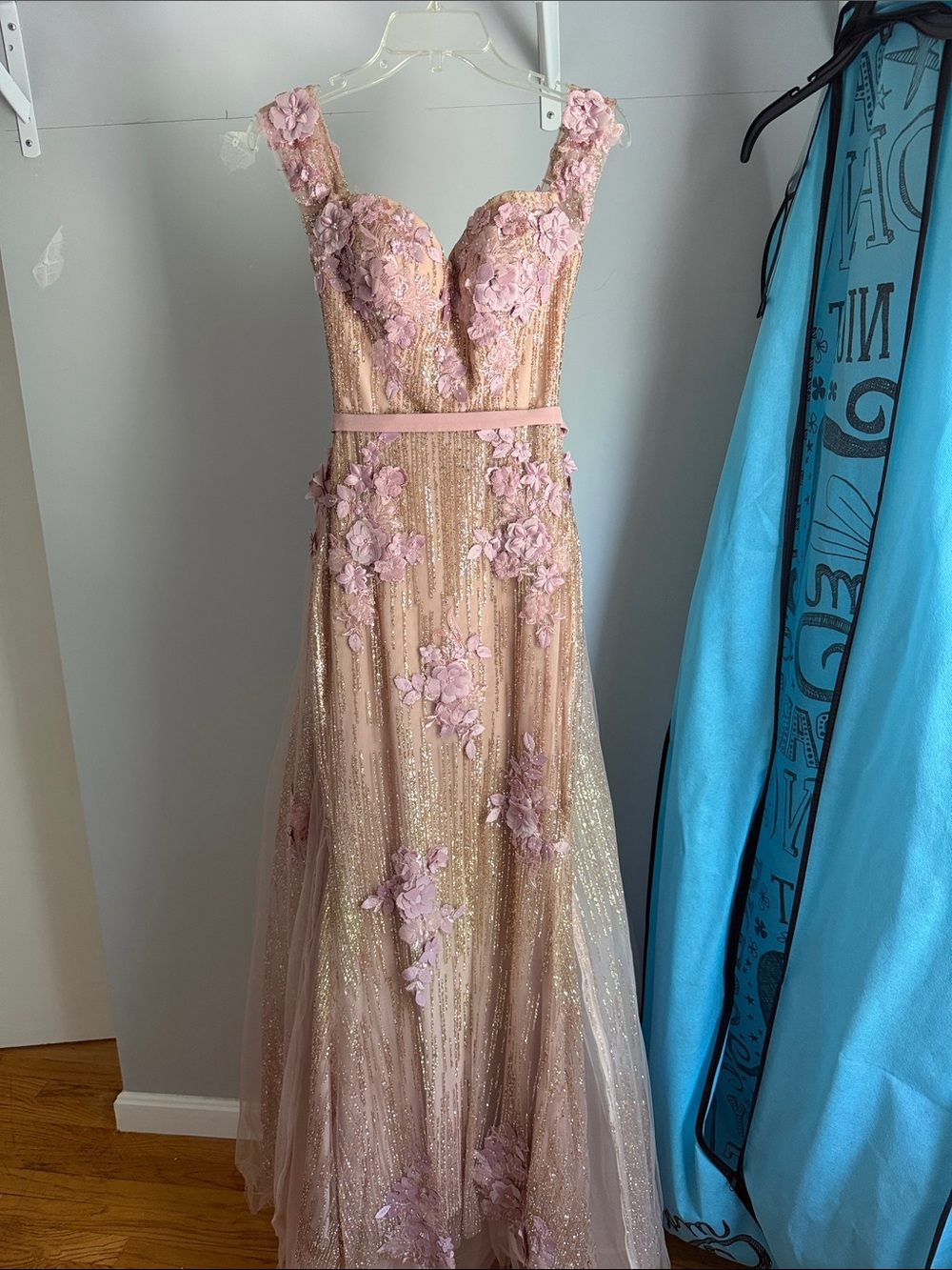 Portia and Scarlett Blush Pink Floral Appliqué Prom Gown